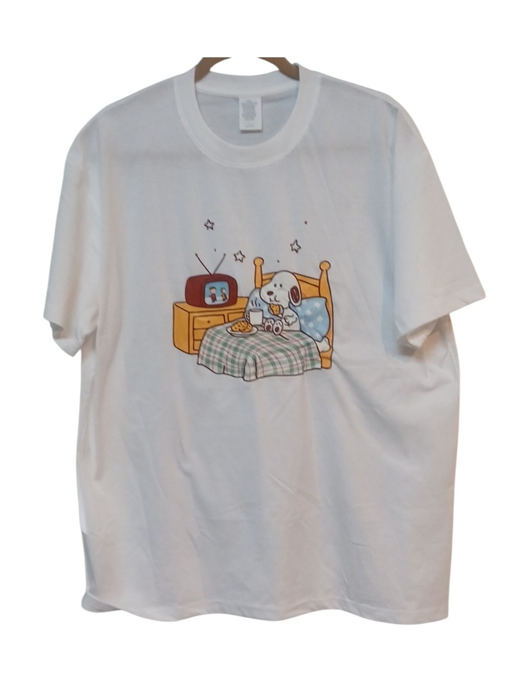 Peanuts - Snoopy in Bed Having Cookies & Milk, Short Sleeve, Cotton Tee Shirt